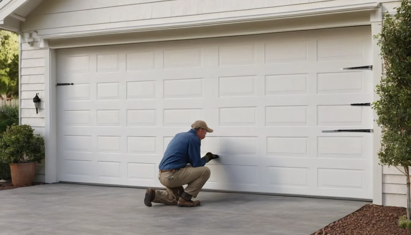 A local garage door provider checking a torsion spring above a garage door in a Troy home